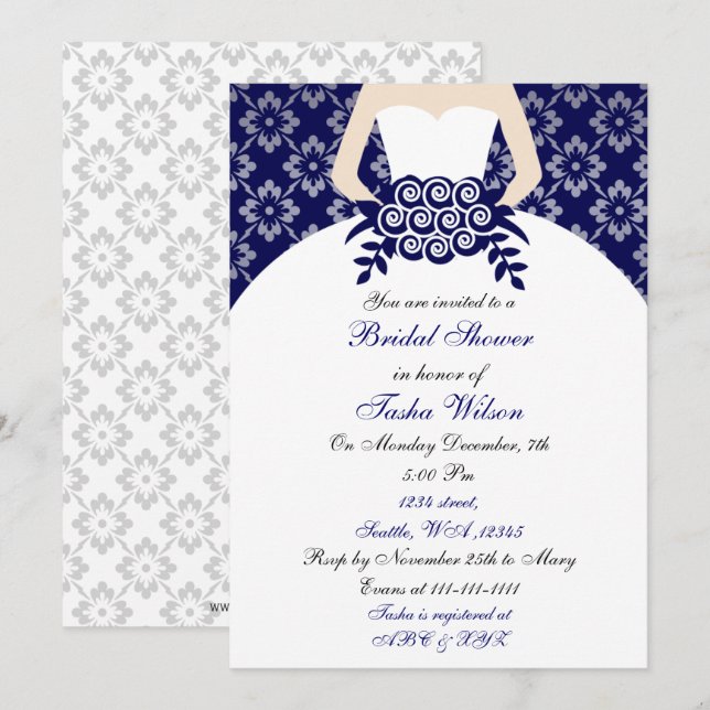 Elegante invitación de ducha de novia azul marino (Anverso / Reverso)