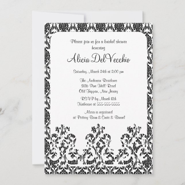 Elegante invitación de ducha de novia Damask negro (Anverso)