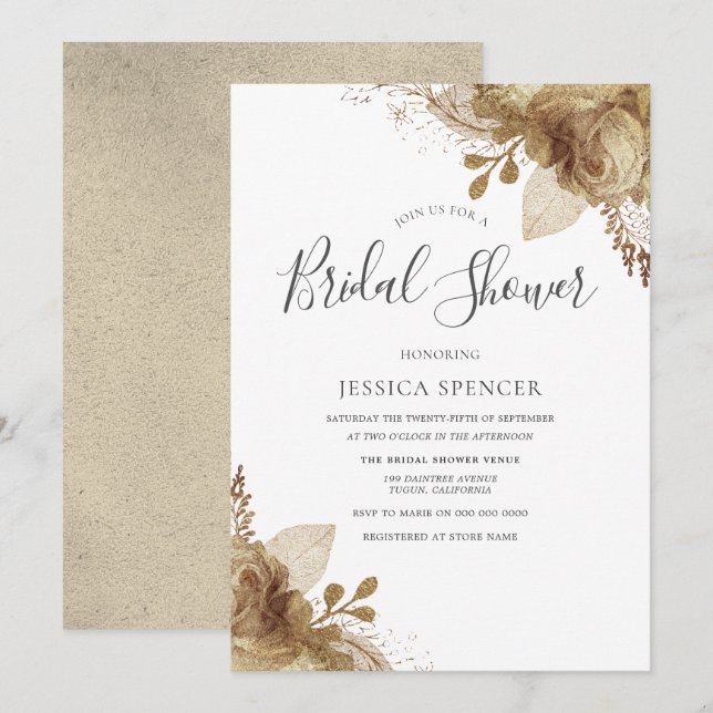 Elegante Invitación de ducha de novia dorada (Anverso / Reverso)