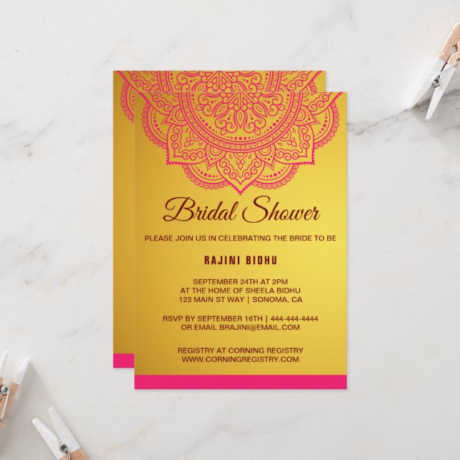 Elegante Invitación de ducha de novia dorada rosad (Anverso/Reverso In Situ)