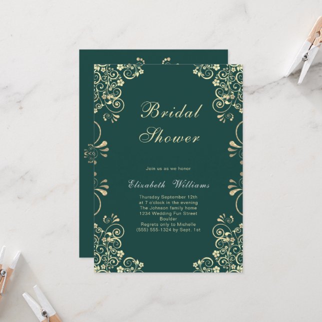 Elegante Invitación de ducha de novia dorada verde (Anverso/Reverso In Situ)