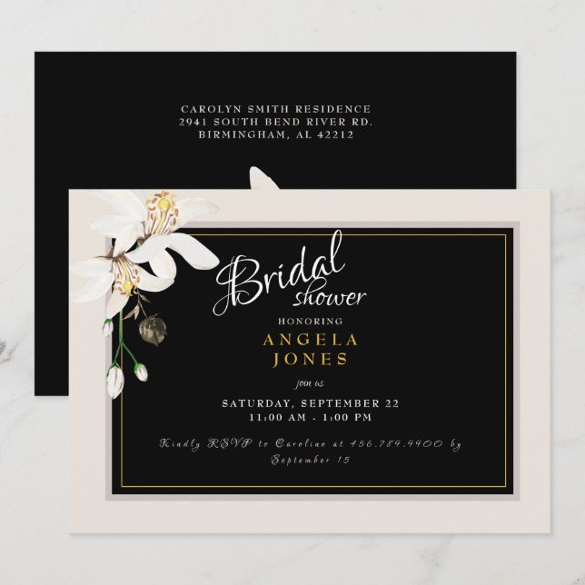 Elegante Invitación de ducha de novia en negro y c (Anverso / Reverso)