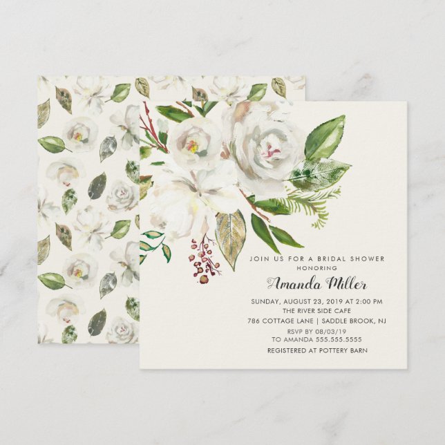 Elegante Invitación de ducha de novia floral blanc (Anverso / Reverso)