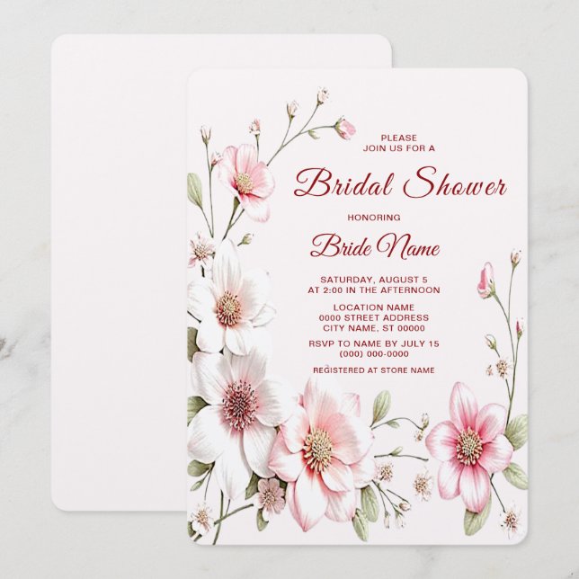 Elegante Invitación de ducha de novia floral blanc (Anverso / Reverso)
