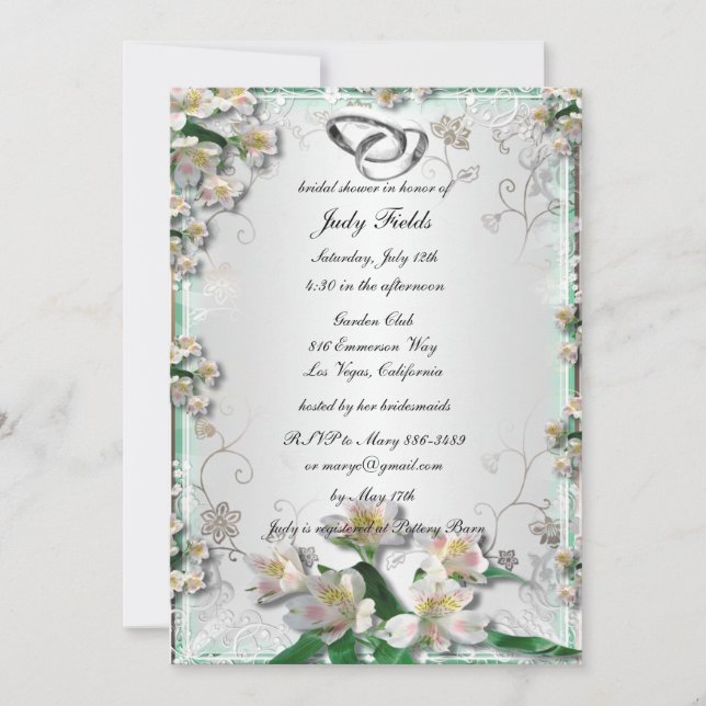 Elegante Invitación de ducha de novia floral blanc (Anverso)