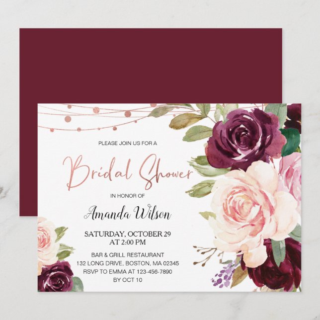 Elegante Invitación de ducha de novia floral borgo (Anverso / Reverso)