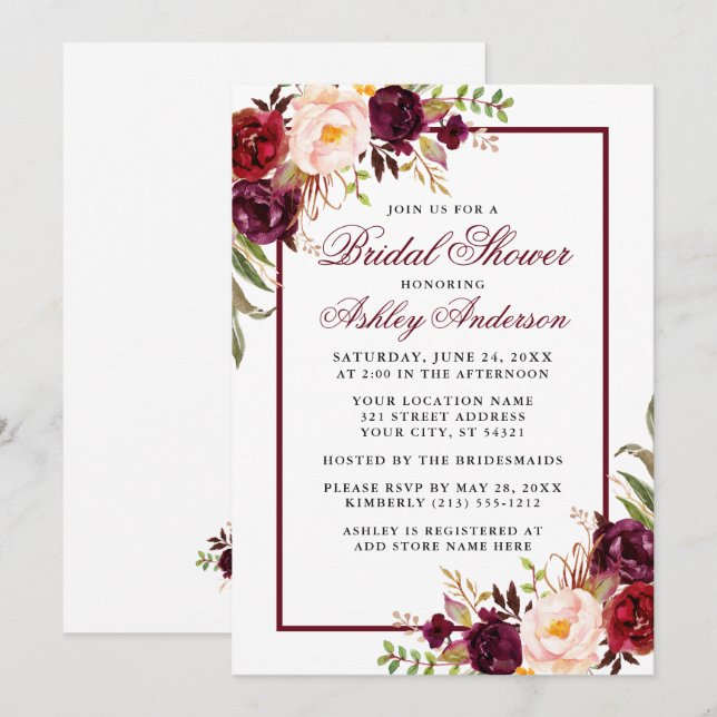 Elegante Invitación de ducha de novia floral borgo (Anverso / Reverso)