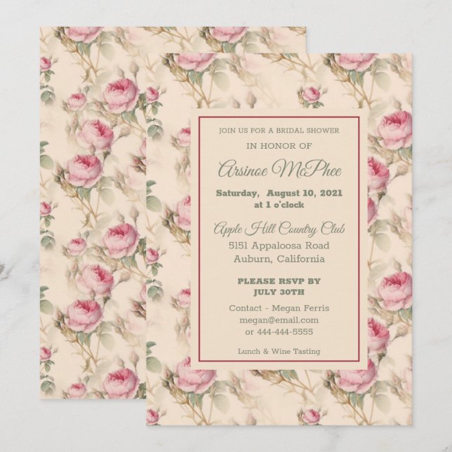 Elegante Invitación de ducha de novia floral vinta (Anverso / Reverso)