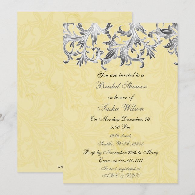 Elegante invitación de ducha de novia gris amarill (Anverso / Reverso)
