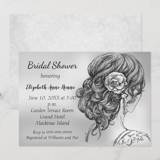 Elegante Invitación de ducha de novia plateada (Anverso / Reverso)