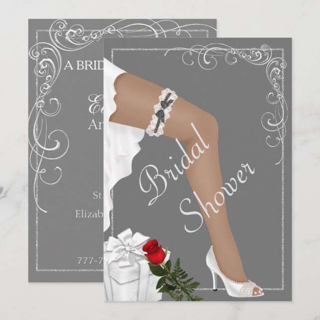 Elegante Invitación de ducha de novia plateada (Anverso / Reverso)