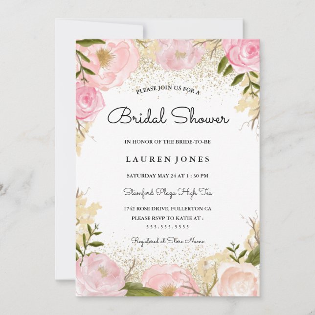 Elegante Invitación de ducha de novia rosa rosa (Anverso)