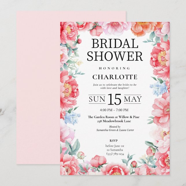 Elegante Invitación de ducha de novias con flores  (Anverso / Reverso)