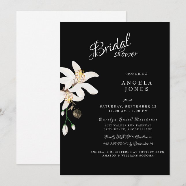 Elegante Invitación de ducha de novias en blanco y (Anverso / Reverso)
