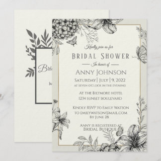 Elegante Invitación de ducha de novias en blanco y