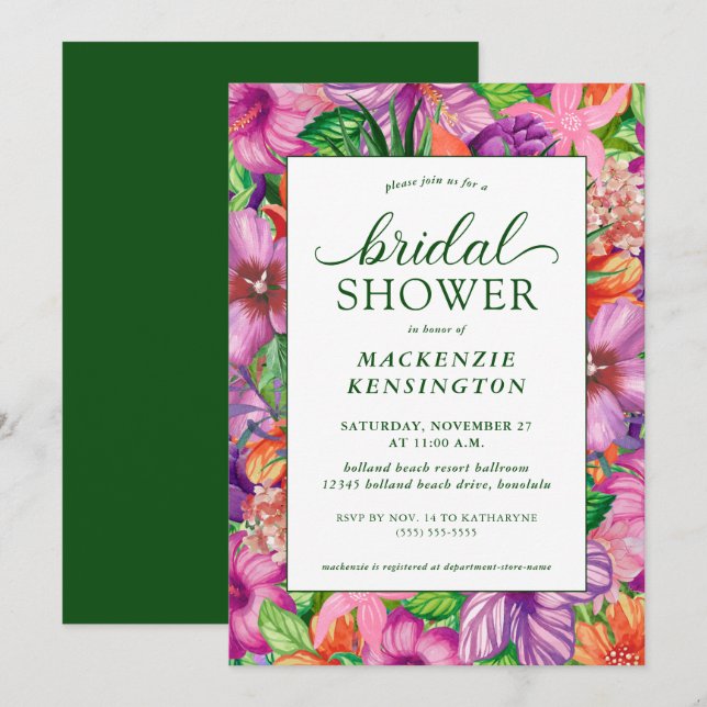 Elegante Invitación de ducha tropical floral nupci (Anverso / Reverso)