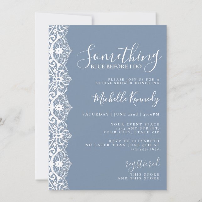 Elegante Invitación de Encaje Azul para Despedida  (Anverso)