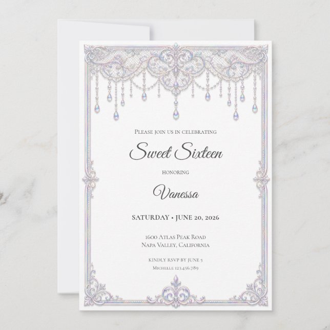 Elegante Invitación de Encaje Irisado para Sweet 1 (Anverso)