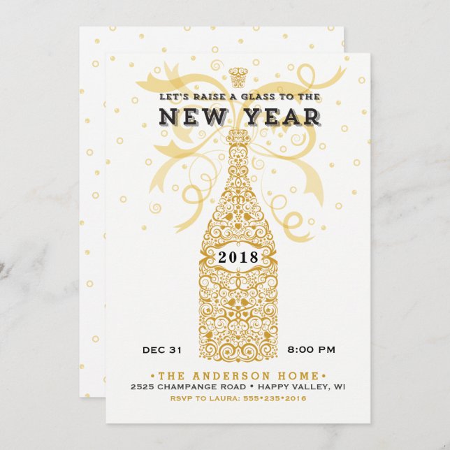 Elegante invitación de fiesta de Año Nuevo 2018 (Anverso / Reverso)