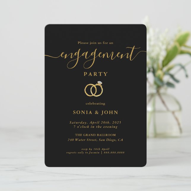 Elegante invitación de fiesta de compromiso en neg (Anverso de pie)
