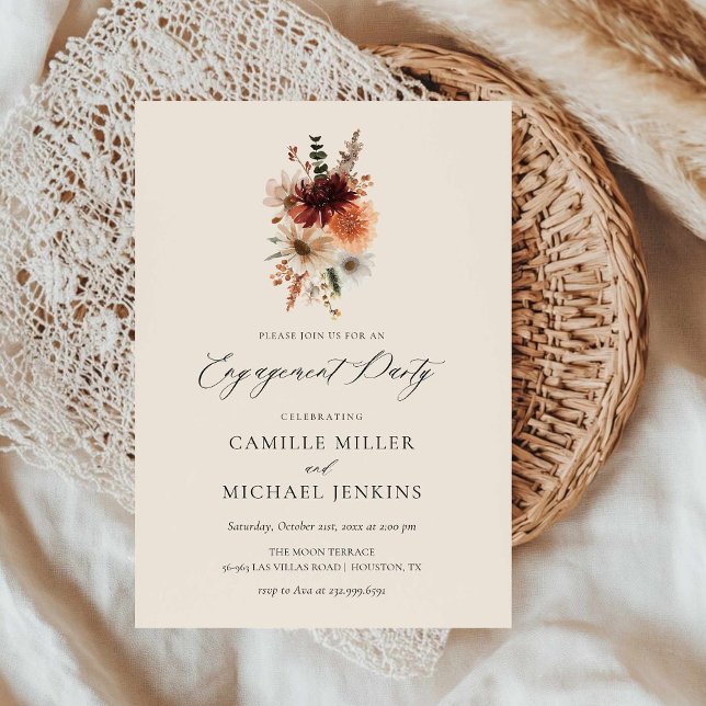 Elegante invitación de fiesta de compromiso floral (Burgundy Fall Floral Engagement Party Invitation)