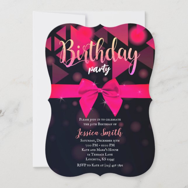 Elegante invitación de fiesta de cumpleaños de Bow (Anverso)