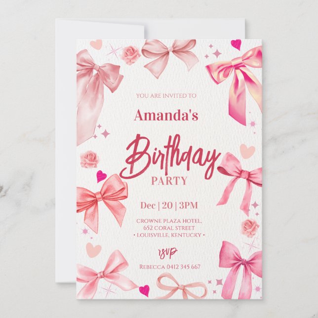 Elegante invitación de fiesta de cumpleaños de Bow (Anverso)