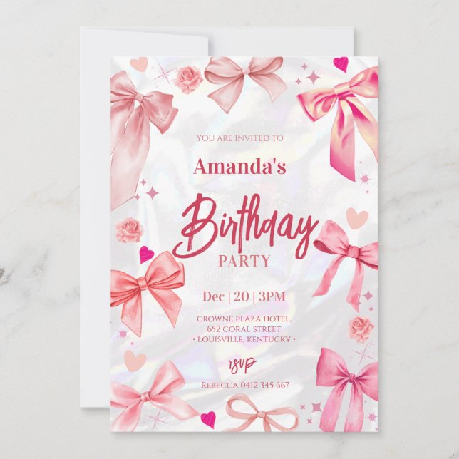 Elegante invitación de fiesta de cumpleaños de Bow (Anverso)