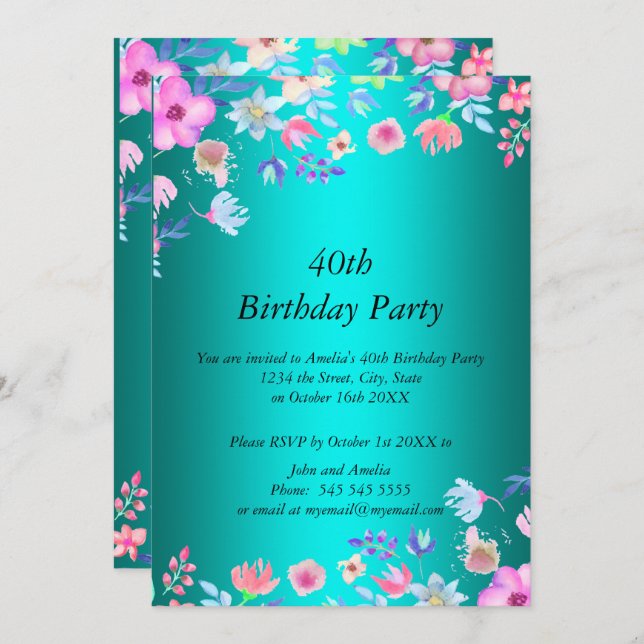 Elegante invitación de fiesta de cumpleaños Verde  (Anverso / Reverso)