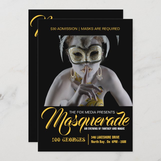 Elegante invitación de fiesta de mascarada (Anverso / Reverso)