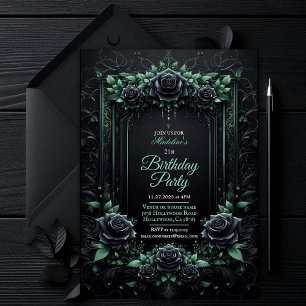 Elegante Invitación de Fiesta Floral Negra y Verde
