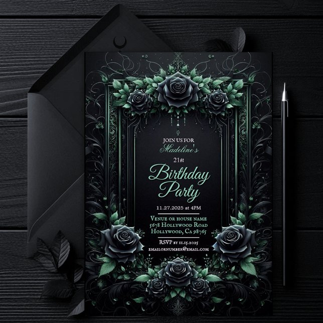 Elegante Invitación de Fiesta Floral Negra y Verde (gothic dark moody invitation, green and black floral roses invite, dark fantasy wedding bridal party)
