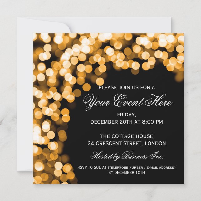 Elegante invitación de fiesta Gold Sparkly Black (Anverso)