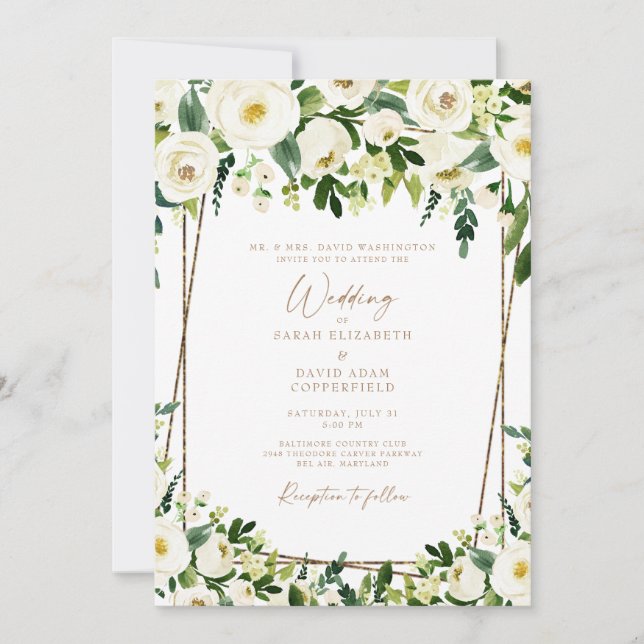 Elegante Invitación de Floral Blanca y Boda de Oro (Anverso)