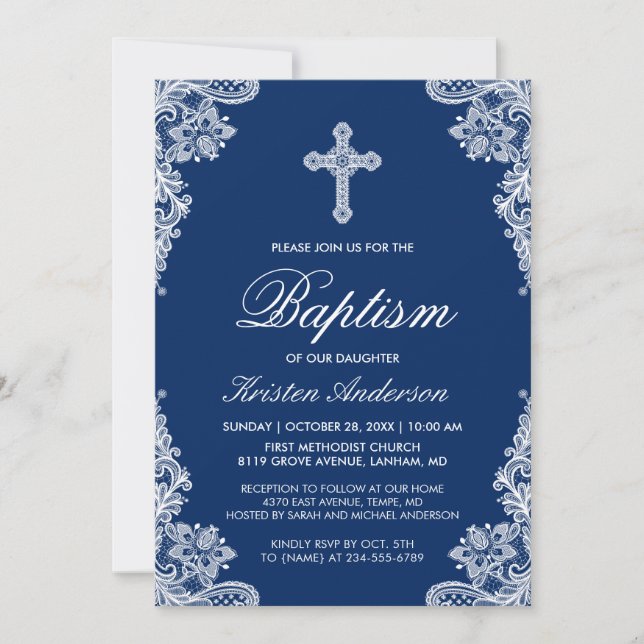 Elegante invitación de foto de Baptismo en cruz az (Anverso)