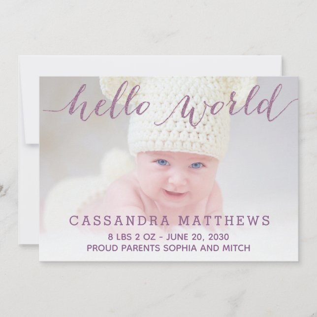 Elegante Invitación de foto de bebé morado (Anverso)