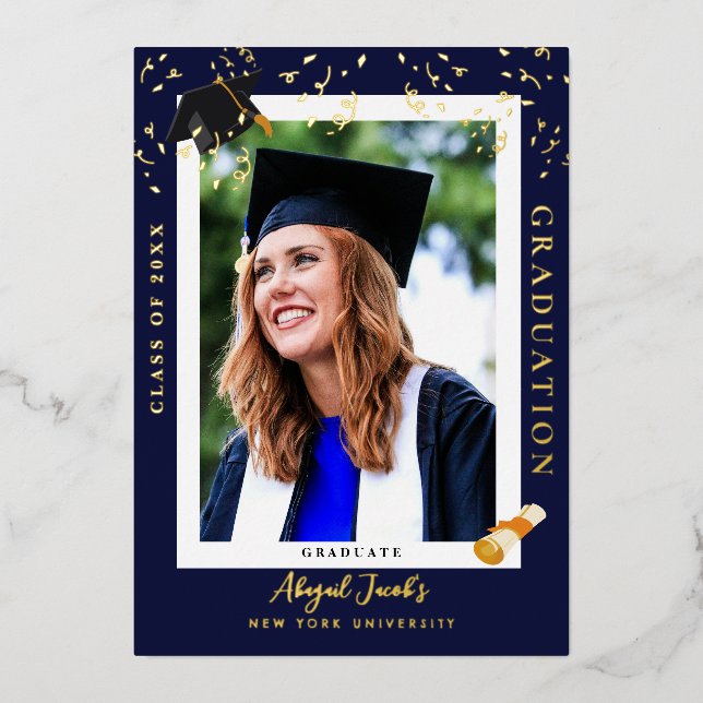 Elegante Invitación de foto de graduación azul de  (Anverso)