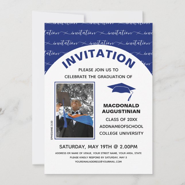 Elegante invitación de foto de graduado azul (Anverso)