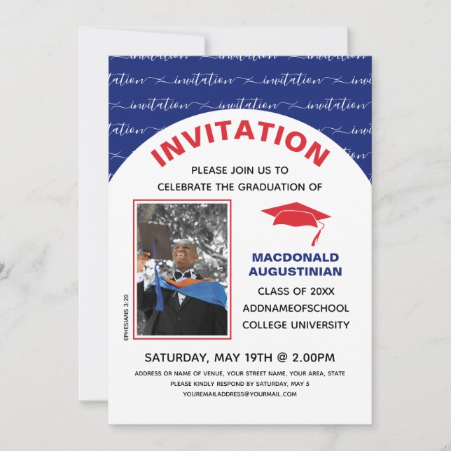 Elegante invitación de foto de graduado rojo azul (Anverso)