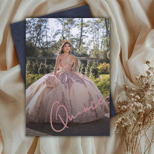Elegante Invitación de Foto de Quinceañera Rosa y 