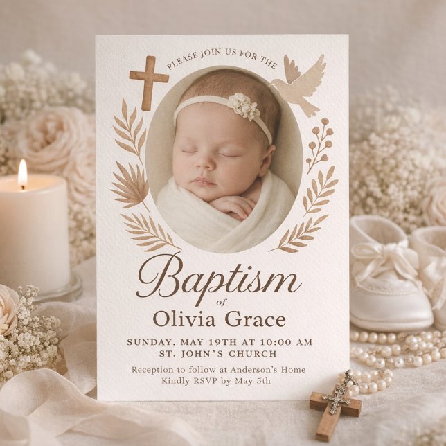 Elegante Invitación de Fotos de Bautizo Neutral co (Baby Girl Baptism Invitation with Photo, Cross and Dove in Beige)