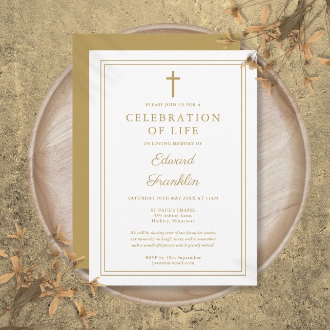 Elegante Invitación De Funeral Cristiano De Celebr (Elegant Gold Christian Celebration Of Life Funeral Invitation)