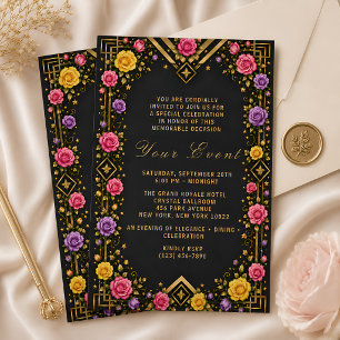 Elegante Invitación de Gala Floral de Oro Negro