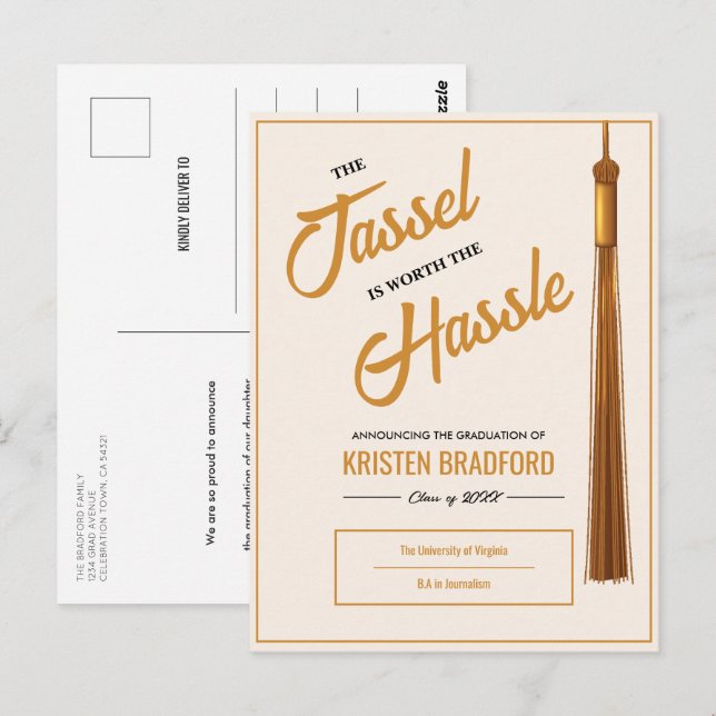 Elegante Invitación de graduación beige de Tassel  (Anverso / Reverso)