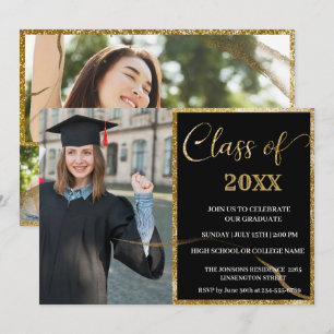Elegante invitación de graduación chic dorada y ne
