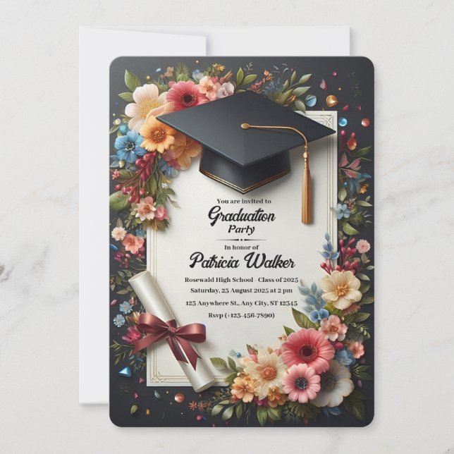 Elegante Invitación de Graduación con Flores Oscur (Anverso)