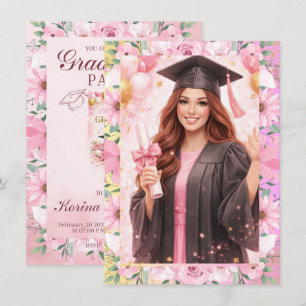 Elegante Invitación de Graduación con Flores Rosad