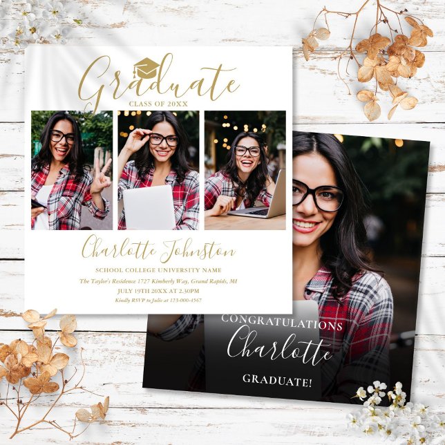 Elegante Invitación de Graduación con Letra Dorada (Elegant Gold Script 4 Photo Graduation Party Invitation)