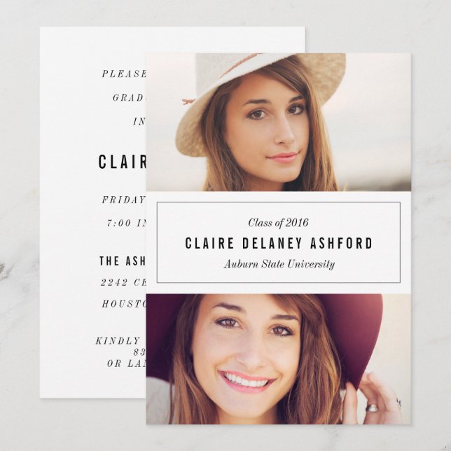 Elegante Invitación de graduación de dos fotografí (Anverso / Reverso)