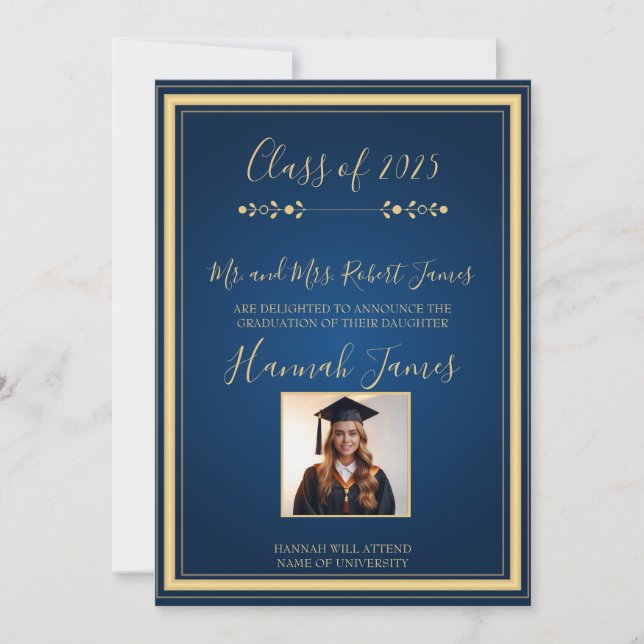 Elegante Invitación de graduación de Marina y Oro (Anverso)